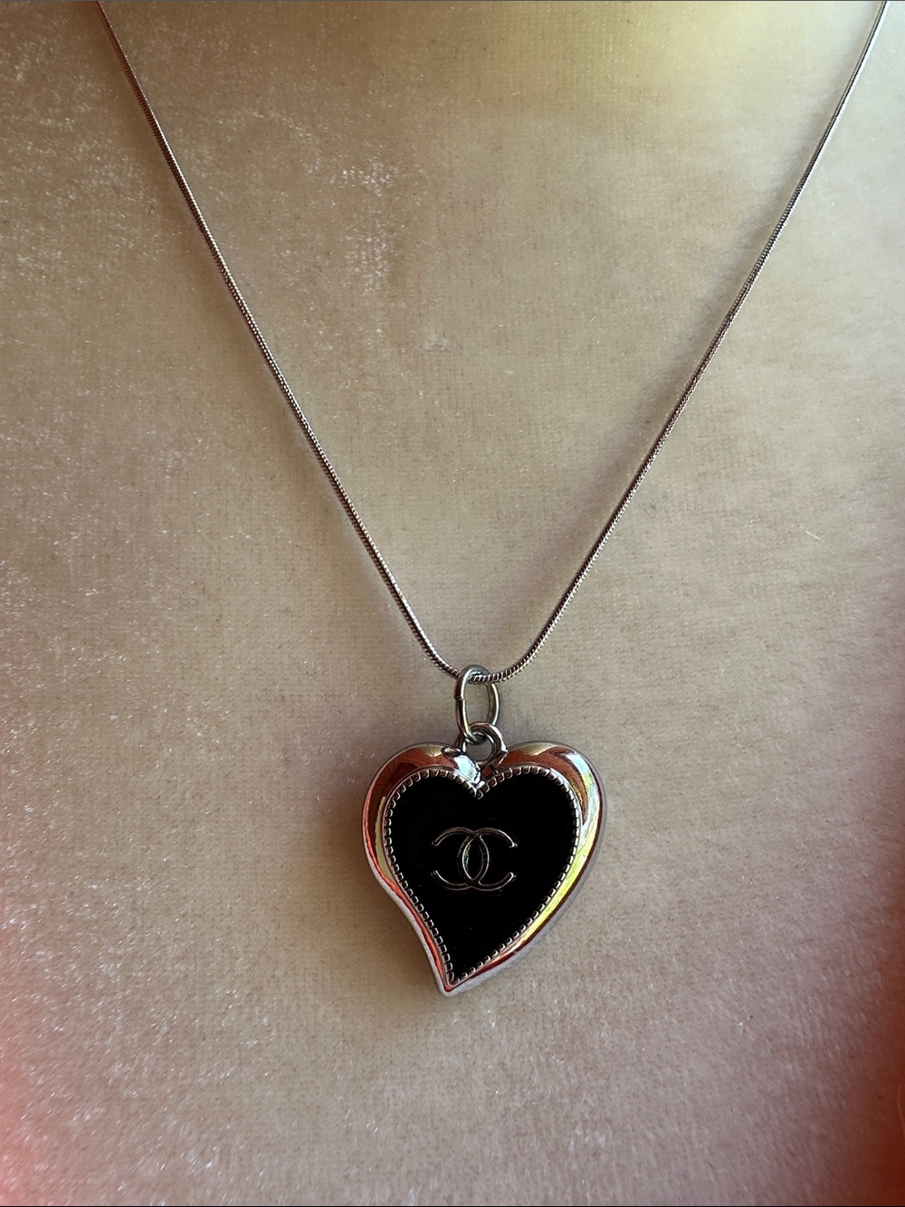 CHANEL Black Heart Pendant Necklace with Silver Tone Chain